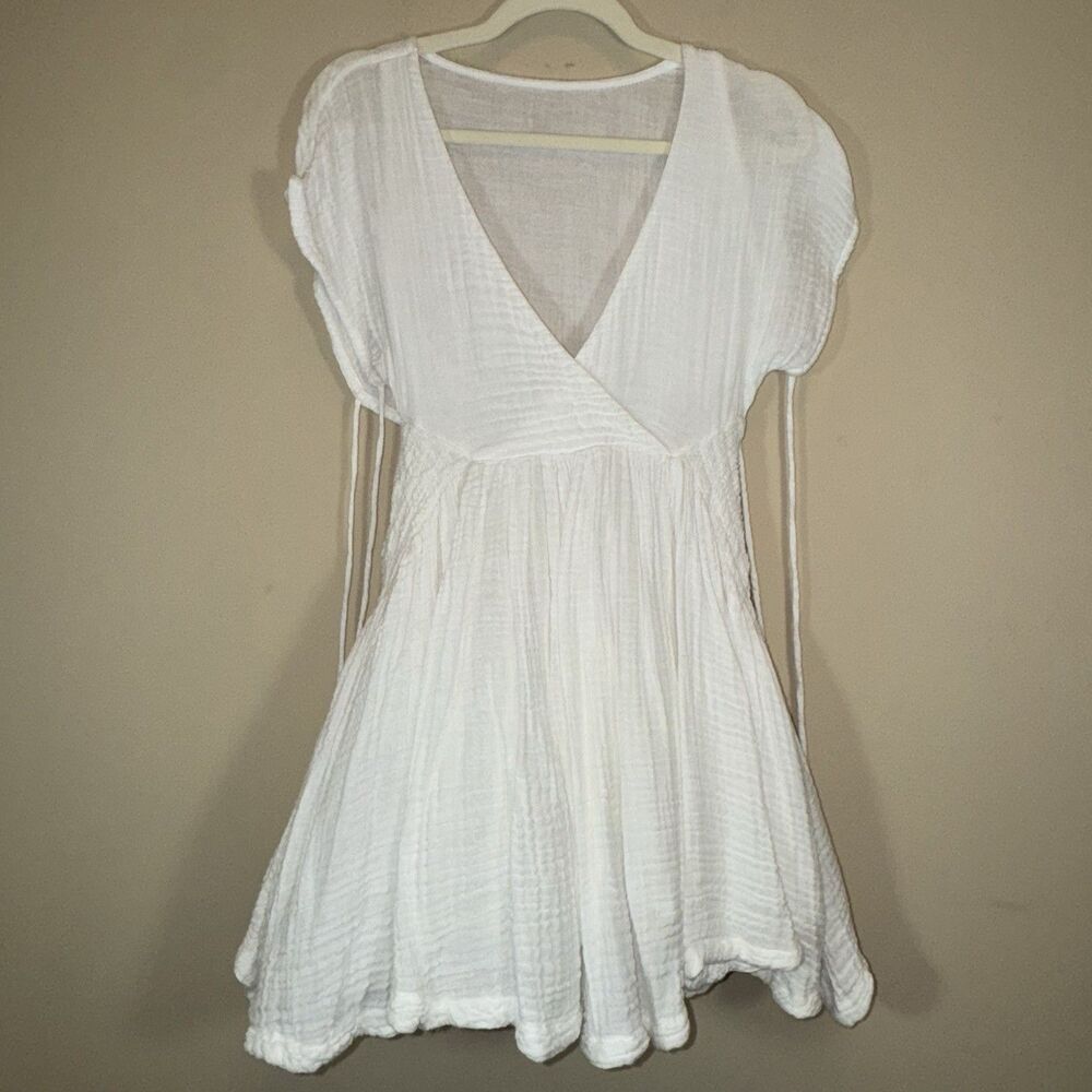 Free People White Gauze V-Neck Fit & Flare Cap Sleeve Beaded Dress Size M
